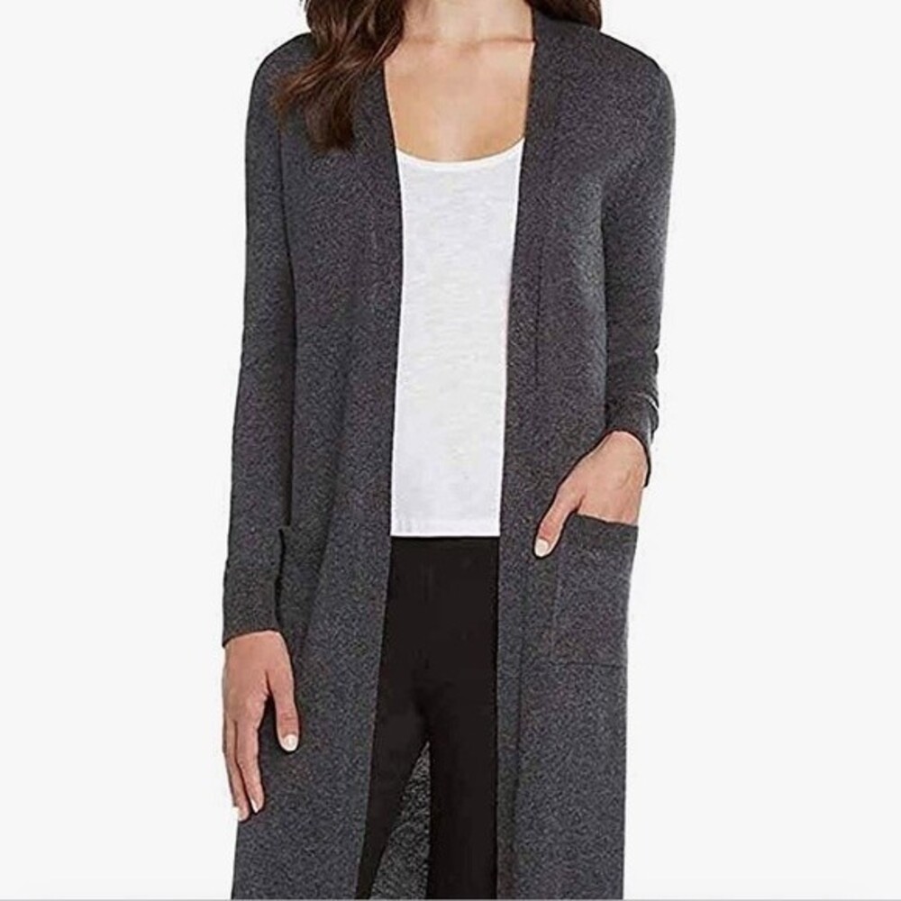 Matty M Gray Ribbed Knit Open Front Duster Sweater M